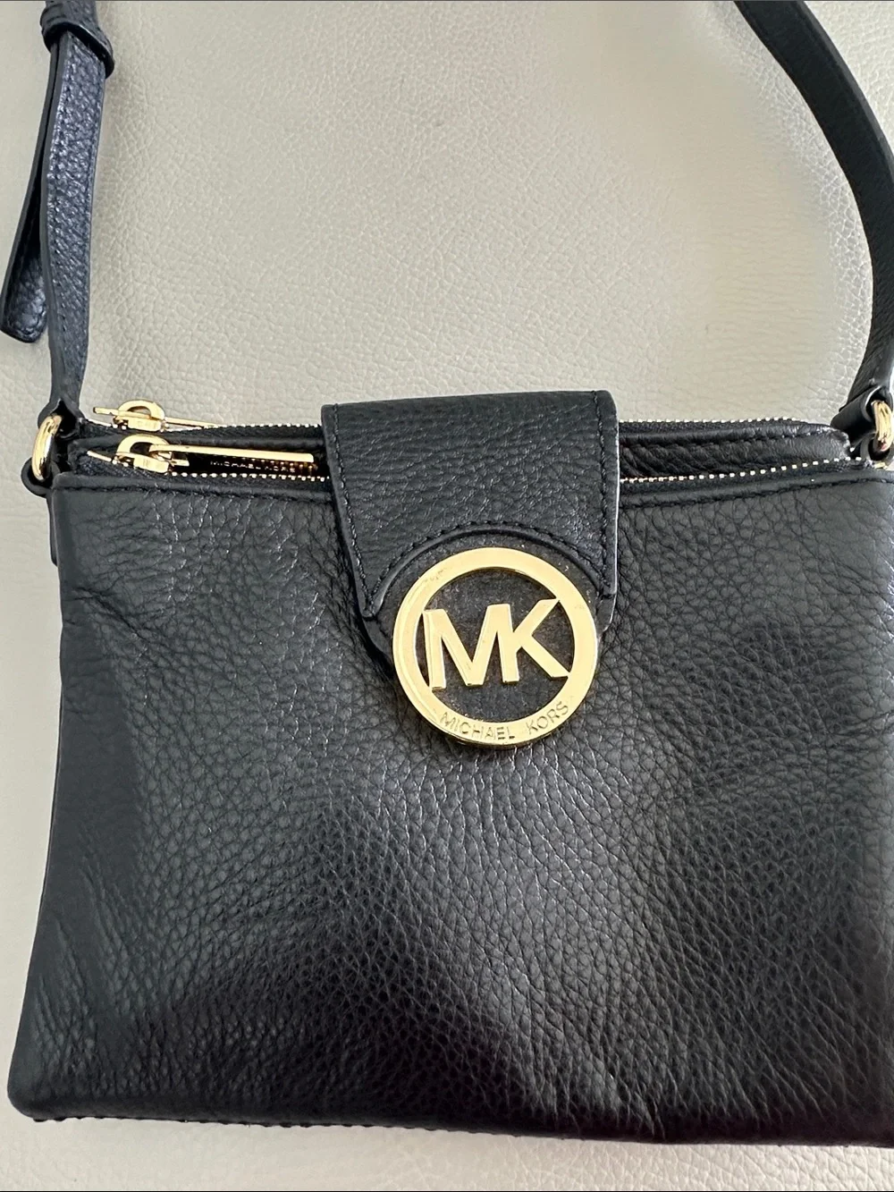 Michael Kors Black Pebbled Leather Crossbody with Gold MK Medallion